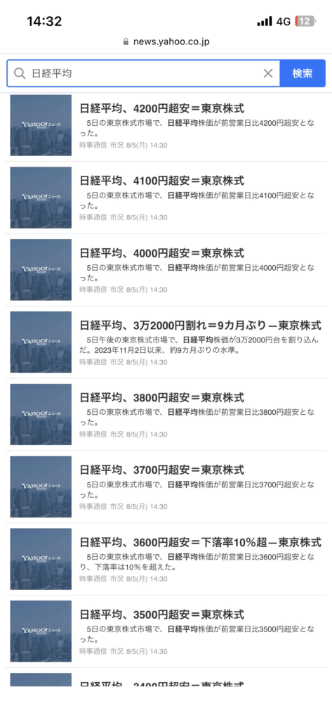日経平均暴落時のYahooニュース一覧